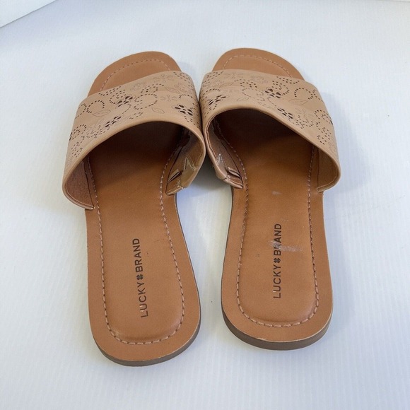 Lucky Brand Slide Sandals Size 10 Laser Cut Floral Tan Shoes Flat Slip On - Picture 5 of 10